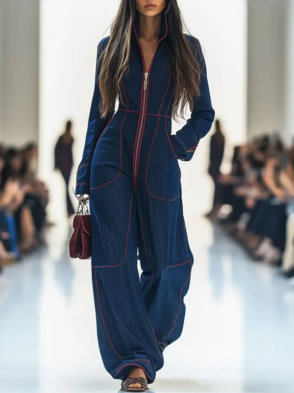 Women's Lapel Retro Zipper Pocket Long-Sleeved Wide-Leg Denim Jumpsuit - Tulipace.com 