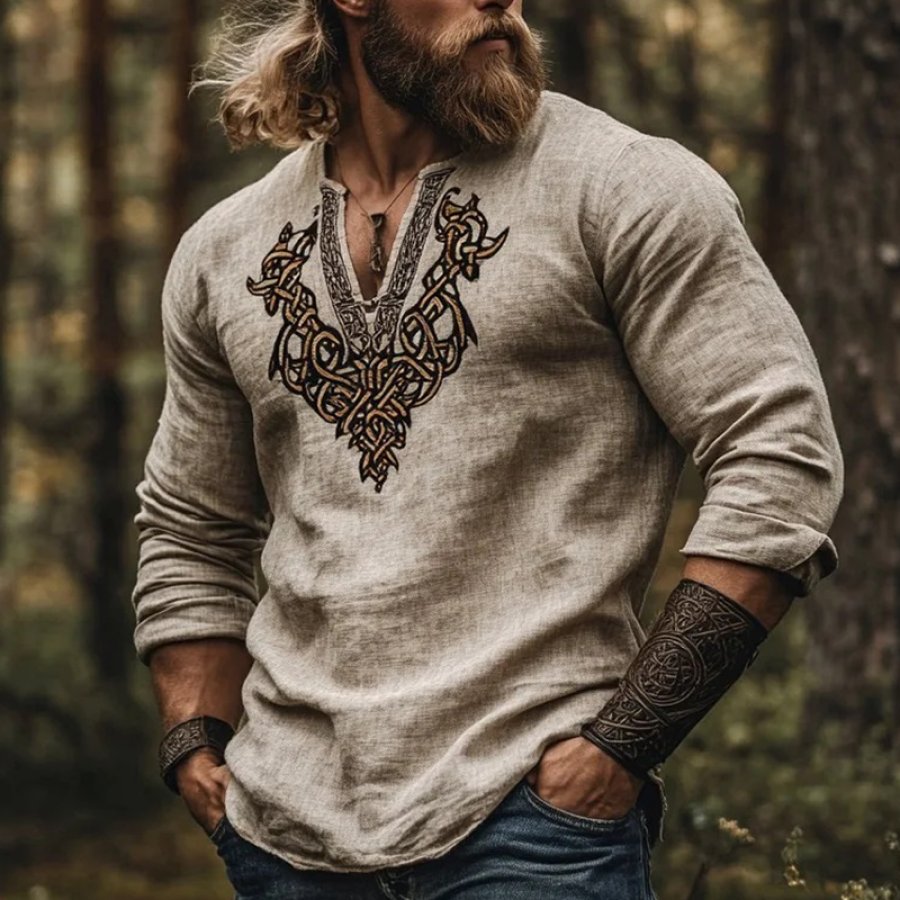 

Men's Vintage Viking Art Bohemian Skandinavia Style Linen Printed Casual Long Sleeve Top Shirt