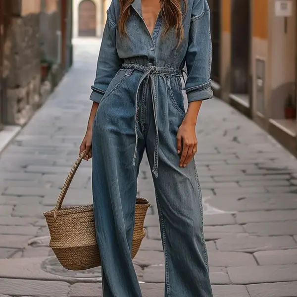 Women's Retro Drawstring Lace-Up Long-Sleeved Wide-Leg Denim Jumpsuit - Cotosen.chimpone.com 