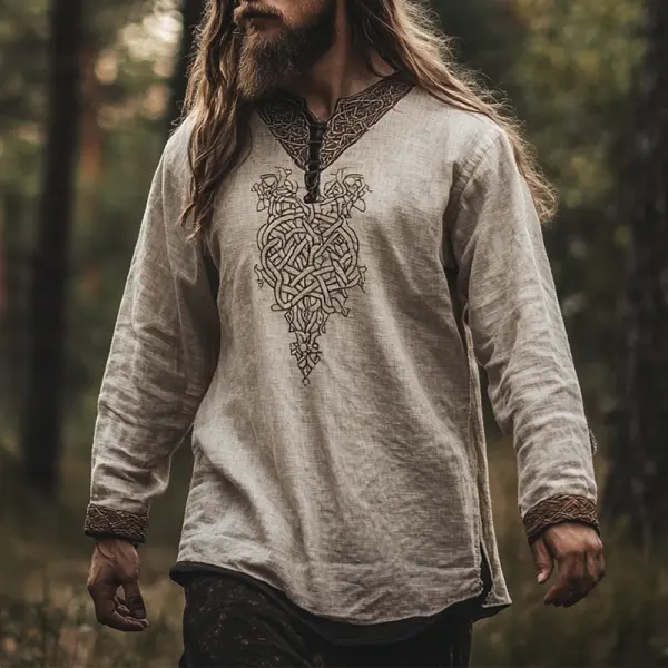 Men's Vintage Viking Bohemian Skandinavia Style Linen Printed Long Sleeve Tops Shirt - Wayrates.com 