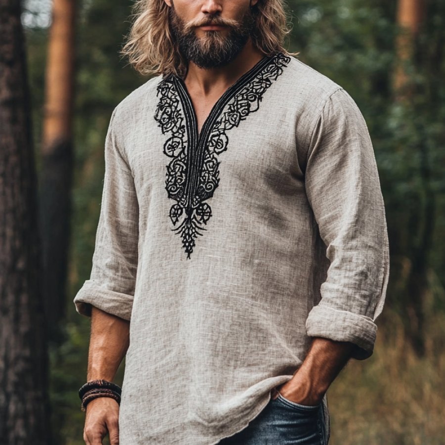 

Men's Vintage Viking Bohemian Skandinavia Ancient Nordic-style Linen Printed Casual Long Sleeve Top Shirt