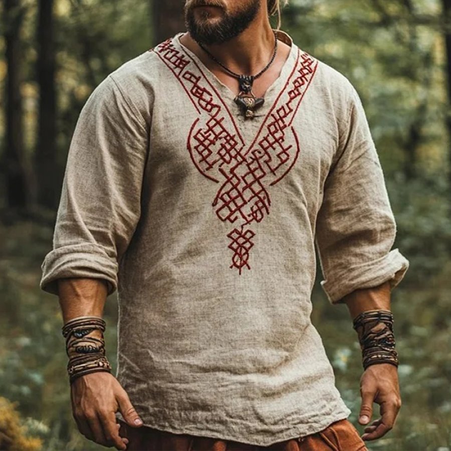 

Men's Vintage Viking Art Bohemian Skandinavia Style Linen Printed Long Sleeve Top Shirt