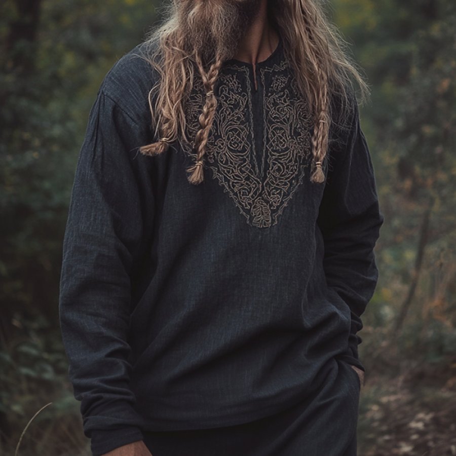 

Men's Vintage Viking Bohemian Skandinavia Style Linen Printed Ancient Nordic-style Long Sleeve Top Shirt