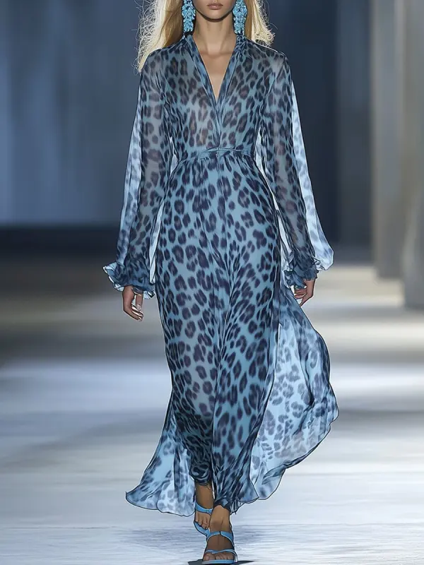 Women's Wild Gentle And Fashionable Blue Leopard Chiffon Western Bohemian Maxi Dress - Viewbena.com 