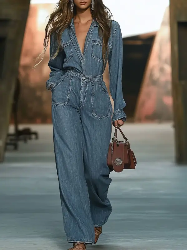 Women's Retro Botton Down Long-Sleeved Wide-Leg Denim Jumpsuit - Cominbuy.com 