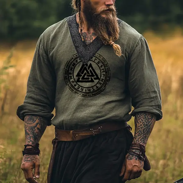 Men's Vintage Viking Warrior Print Cotton And Linen Long Sleeve V-Neck Shirt - Wayrates.com 