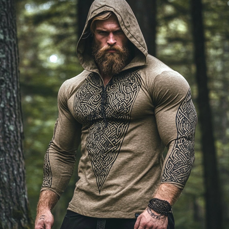 

Men's Vintage Viking Warrior Intricate Celtic Print Cotton And Linen Long Sleeve Hooded Shirt