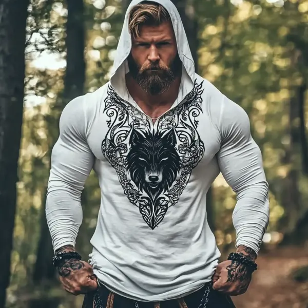 Men's Vintage Viking Warrior Wolf Totem Print Linen Long Sleeve Hooded Shirt - Cotosen.com 