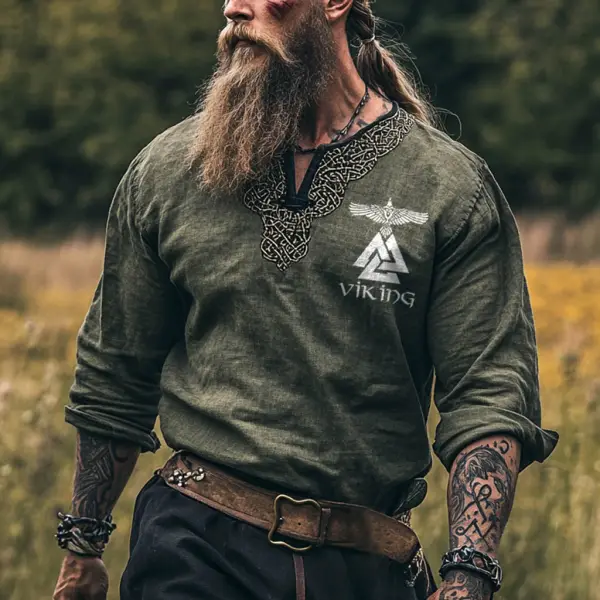Men's Vintage Viking Eagle Warrior Print Cotton And Linen Long Sleeve V-Neck Shirt - Wayrates.com 