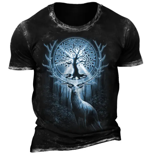 Men's Vintage Tree Of Life Deer Viking Print Short Sleeve Crew Neck T-Shirt - Elementnice.com 