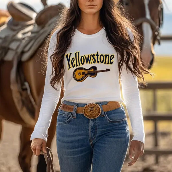Women's Vintage Yellowstone Guitar Country Music Western Cowboy Crew Neck Long Sleeve T-Shirt - Anurvogel.com 