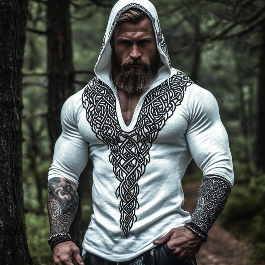 

Men's Vintage Viking Warrior Intricate Celtic Print Long Sleeve Hooded T-shirt