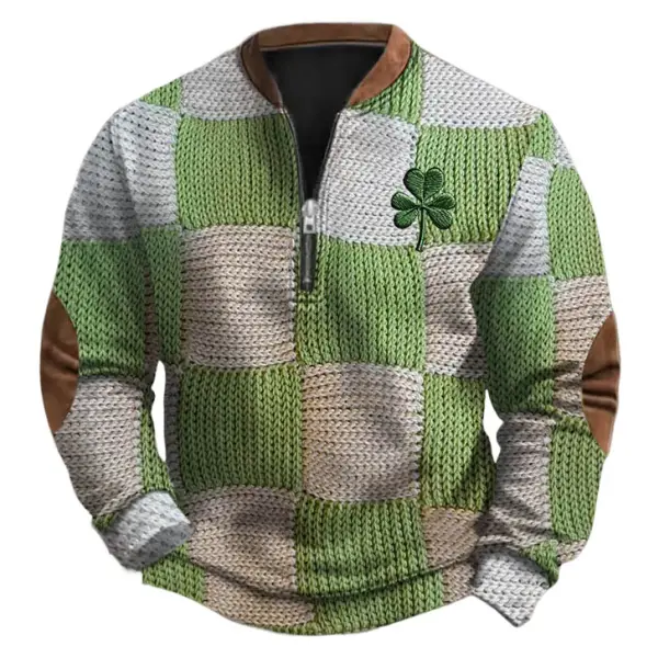Men's Vintage Shamrock St. Patrick's Day Print Color Block Henley Zipper Long Sleeve Sweatshirt - Cotosen.com 