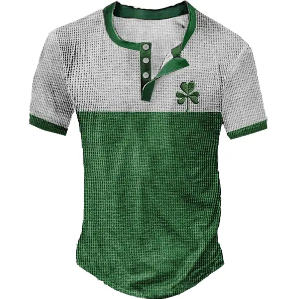 Men's Vintage Waffle Shamrock Embroidery St. Patrick's Day Henley Color Block Short Sleeve T-Shirt Only $23.99 - Cotosen.com 