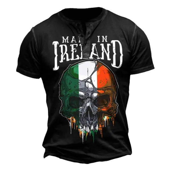 Men's Vintage Flag St. Patrick's Day Skull Head Print Color Block Short Sleeve Henley Shirt - Anurvogel.com 