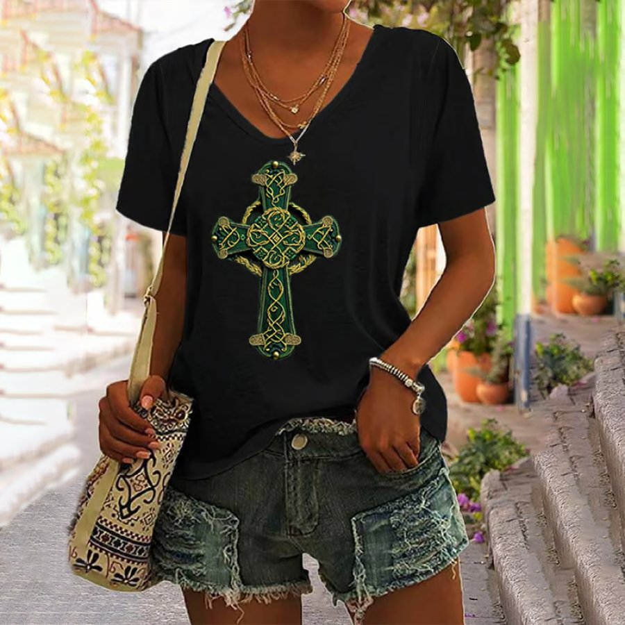 

Women's St. Patrick's Day Embroidery Shamrock Cross Art Print V-Neck T-Shirt