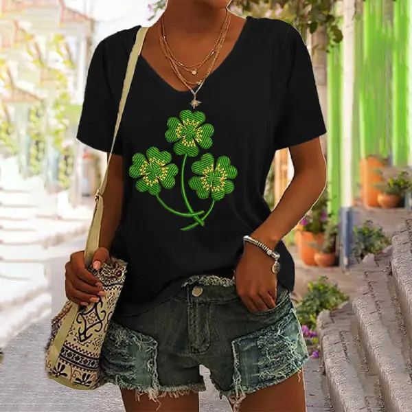 Women's St. Patrick's Day Embroidery Four Leaf Clover Art Print V-Neck T-Shirt - Wayrates.com 