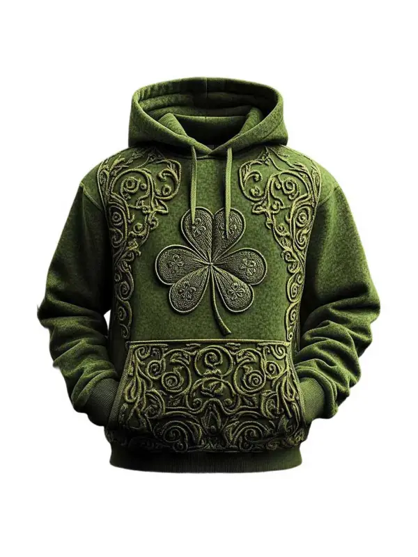 Men's Vintage St. Patrick's Day Shamrock Pocket Long Sleeve Hoodie - Aptkoi.com 