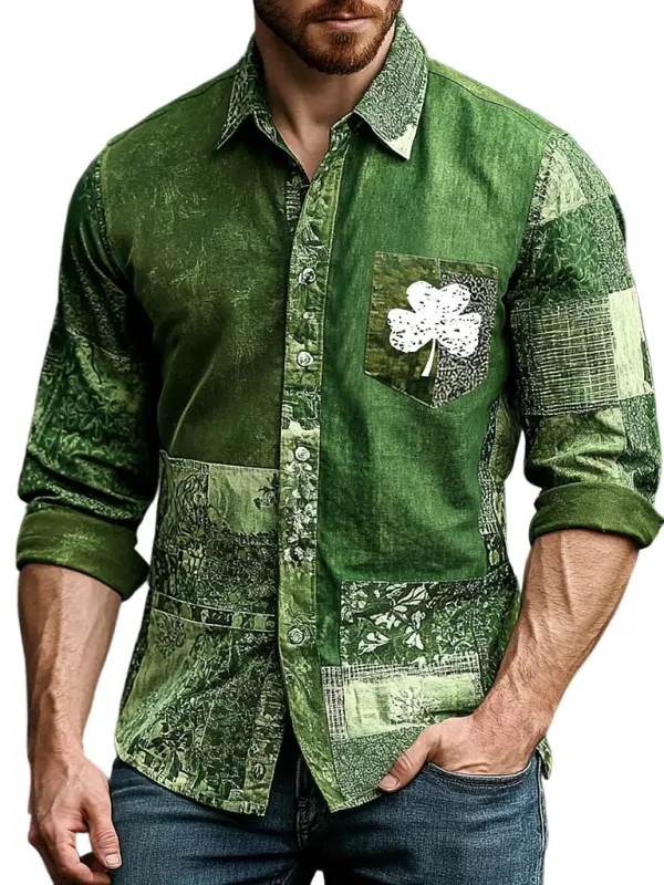 Men's Vintage Shamrock St. Patrick's Day Print Long Sleeve Shirt Only $32.99 - Menbarn.com 
