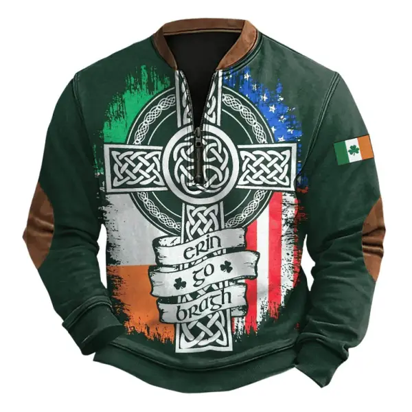 Men's Vintage Irish Flag St. Patrick's Day Print Color Block Henley Zipper Long Sleeve Sweatshirt Only $29.99 - Cotosen.com 