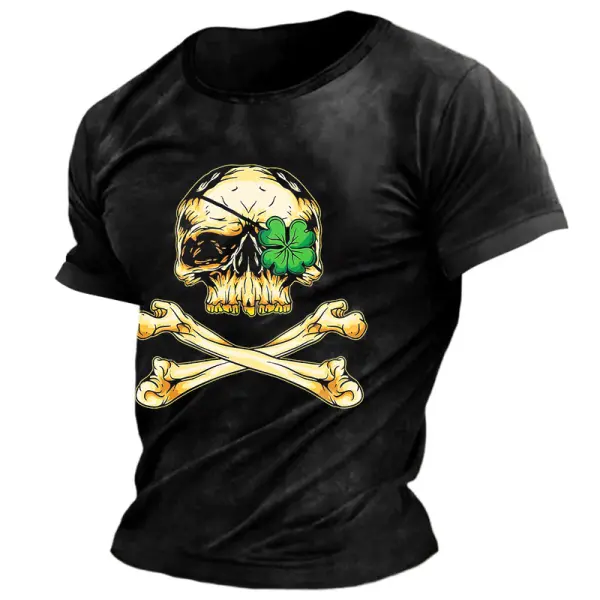 Men's Vintage St. Patricks Day Skull Pirate Shamrock Short Sleeve T-Shirt - Anurvogel.com 