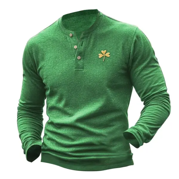 Men's Vintage Shamrock St. Patrick's Day Print Henley Long Sleeve T-Shirt - Anurvogel.com 