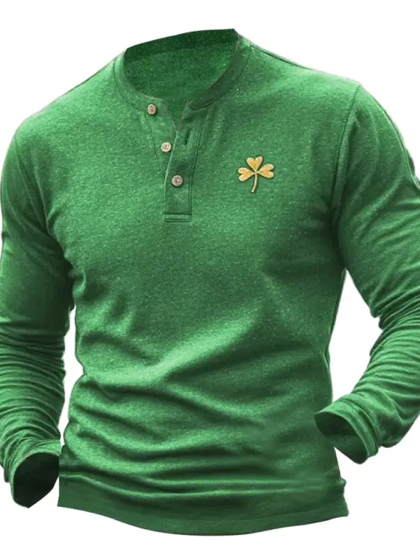 Men's Vintage Shamrock St. Patrick's Day Print Henley Long Sleeve T-Shirt Only $25.99 - Menbarn.com 