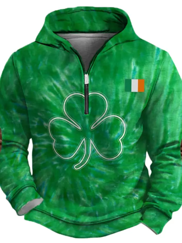 Men's Vintage Shamrock St. Patrick's Day Irish Flag Tie Dye Print Long Sleeve Zip Hoodie Only $34.99 - Menbarn.com 