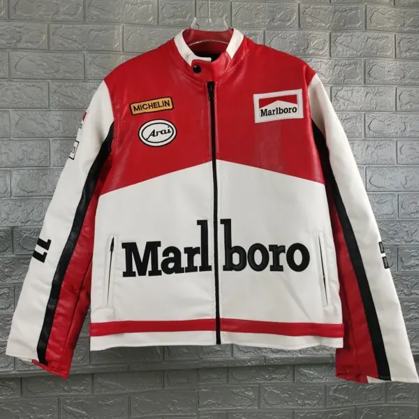 Unisex 2025 Newest Retro Racing Zip Long Sleeve Red Big Logo PU Leather Jacket - Wayrates.com 