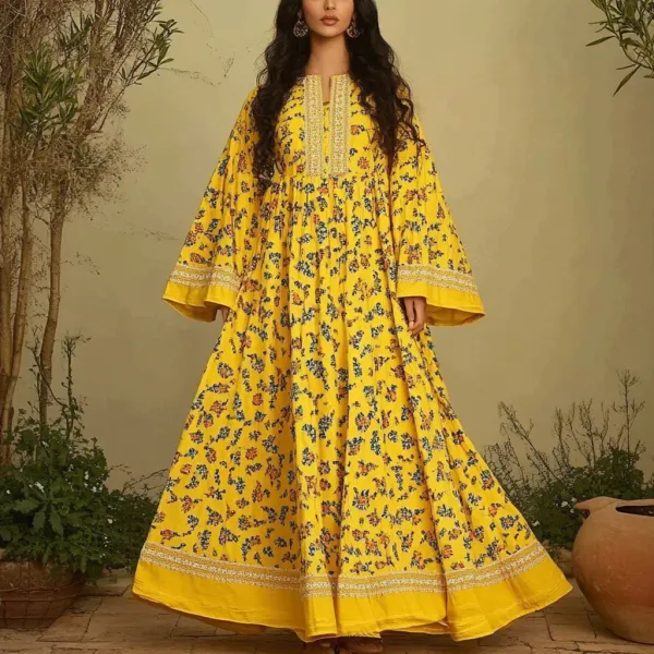 Women's Middle Eastern Floral Print Contrast Color Stitching Temperament Four Seasons Robe Dress - Spiretime.com 