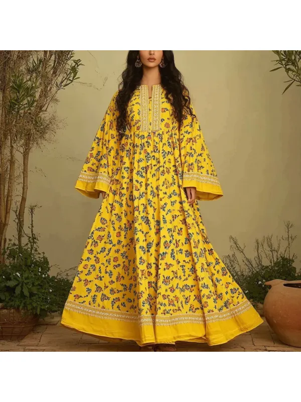 Women's Middle Eastern Floral Print Contrast Color Stitching Temperament Four Seasons Robe Dress - Localziv.com 