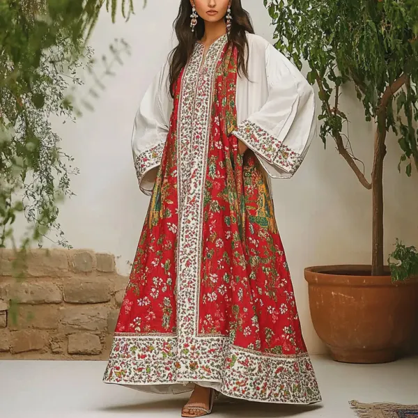 Women's Middle Eastern Floral Print Contrast Color Stitching Temperament Four Seasons Robe Dress - Spiretime.com 
