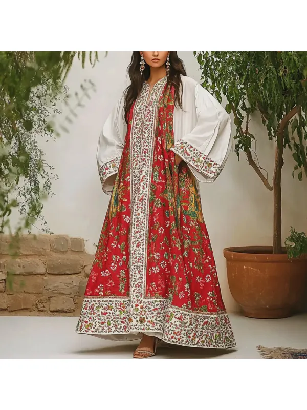 Women's Middle Eastern Floral Print Contrast Color Stitching Temperament Four Seasons Robe Dress - Localziv.com 