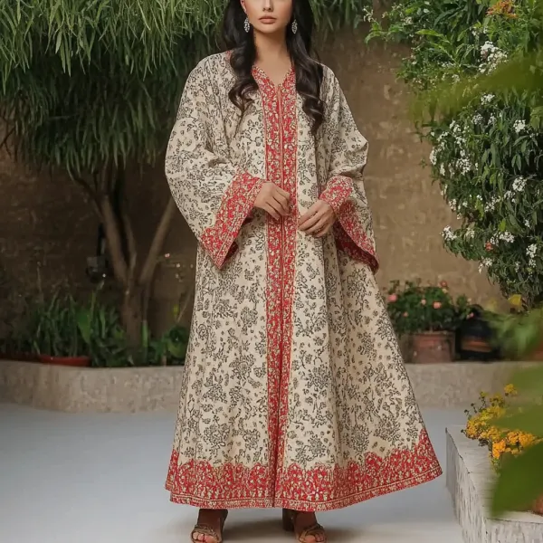 Women's Middle Eastern Floral Print Contrast Color Stitching Temperament Four Seasons Robe Dress - Ootdyouth.com 