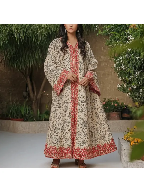 Women's Middle Eastern Floral Print Contrast Color Stitching Temperament Four Seasons Robe Dress - Localziv.com 