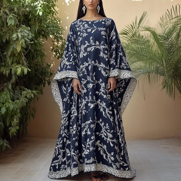 Women's Middle Eastern Floral Print Contrast Color Stitching Temperament Four Seasons Robe Dress - Ootdyouth.com 