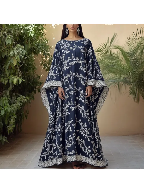 Women's Middle Eastern Floral Print Contrast Color Stitching Temperament Four Seasons Robe Dress - Localziv.com 