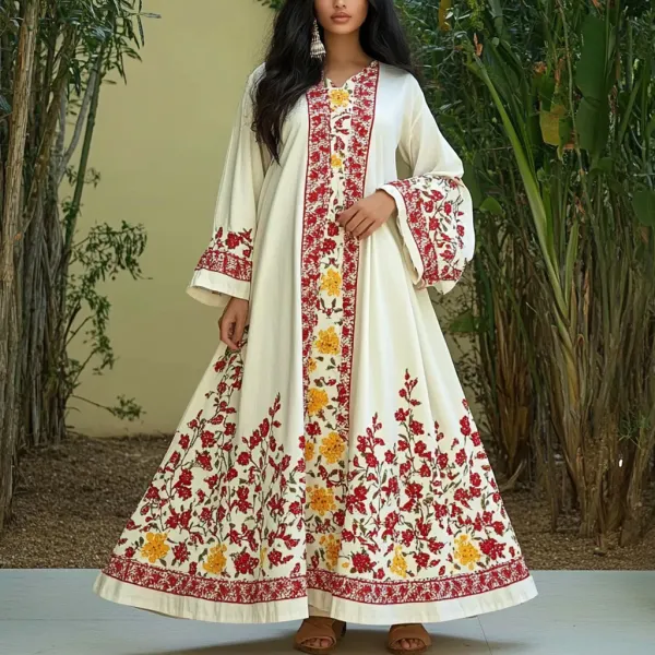 Women's Middle Eastern Floral Print Contrast Color Stitching Temperament Four Seasons Robe Dress - Ootdyouth.com 