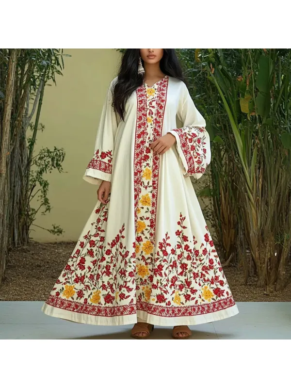 Women's Middle Eastern Floral Print Contrast Color Stitching Temperament Four Seasons Robe Dress - Localziv.com 