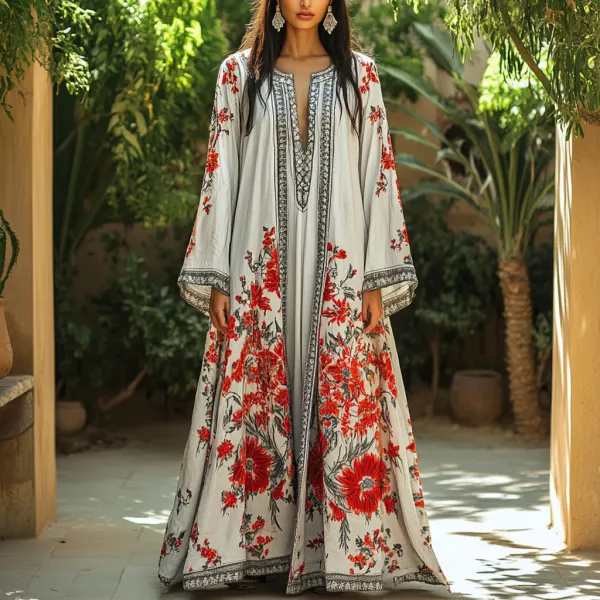 Women's Middle Eastern Floral Print Contrast Color Stitching Temperament Four Seasons Robe Dress - Ootdyouth.com 