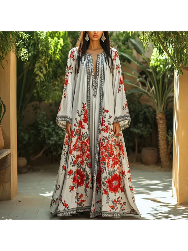 Women's Middle Eastern Floral Print Contrast Color Stitching Temperament Four Seasons Robe Dress - Localziv.com 