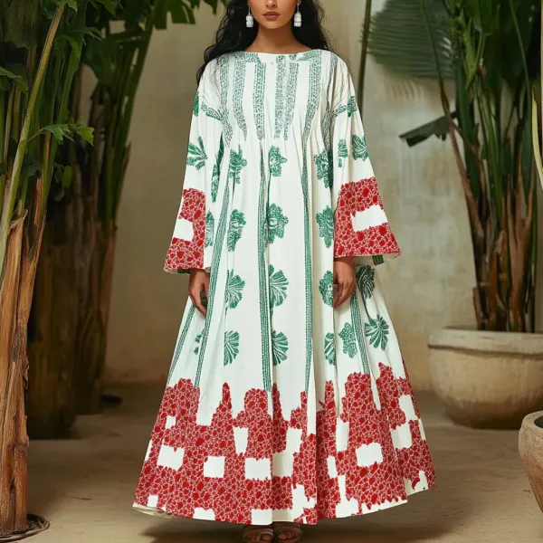 Women's Middle Eastern Floral Print Contrast Color Stitching Temperament Four Seasons Robe Dress - Ootdyouth.com 