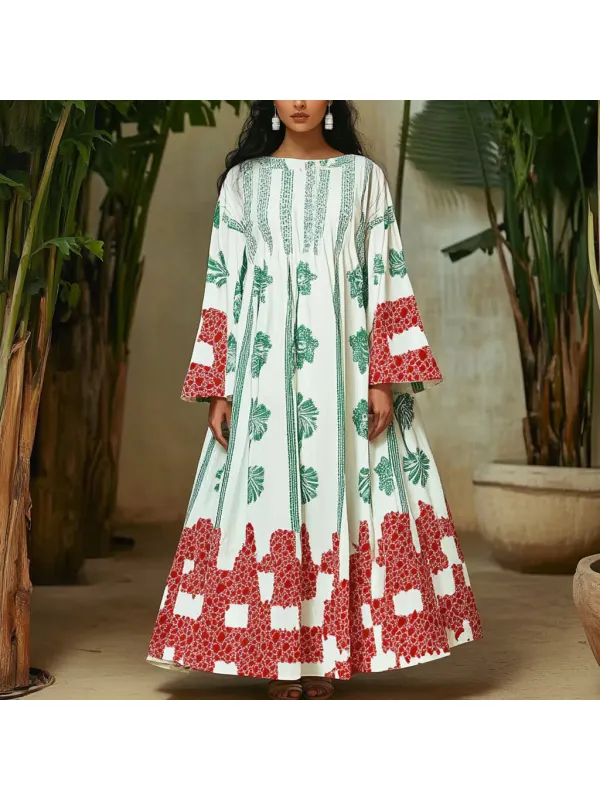 Women's Middle Eastern Floral Print Contrast Color Stitching Temperament Four Seasons Robe Dress - Localziv.com 