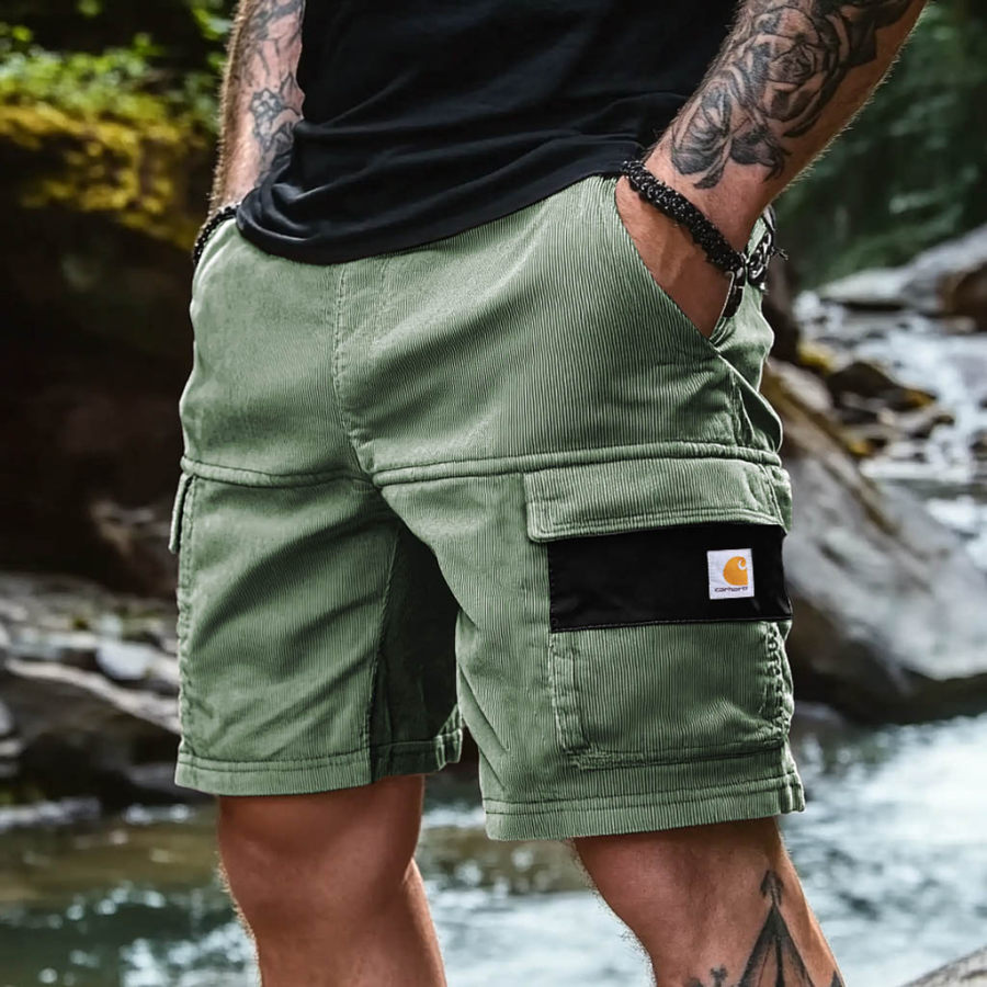 

Men's Corduroy Surf Shorts Multi-Pocket Vintage Outdoor Beach Vacation Black Stitching Daily Casual Mint Green Walkshort