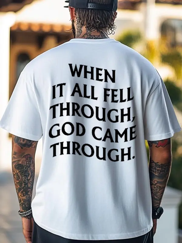 Men's God Came Through Letter Print Loose Short Sleeve Oversized T-Shirt - Menbarn.com 