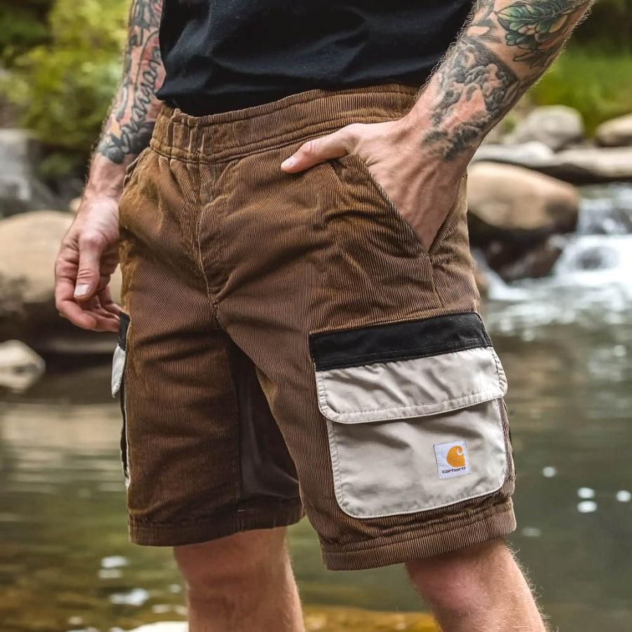 

Men's Corduroy Surf Contrast Multi-Pocket Cargo Shorts Vintage Outdoor Beach Daily Casual Elastic Brown Walkshort