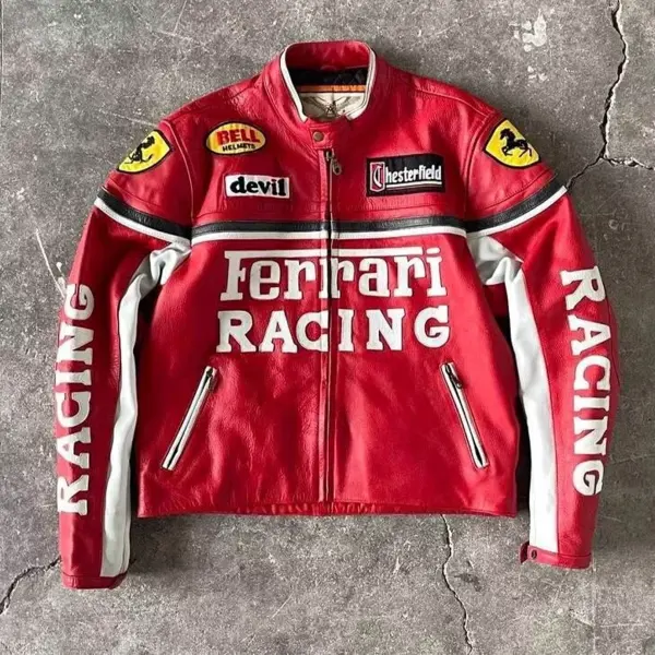 Unisex 2025 Newest Retro Racing Zip Long Sleeve Red Big Logo PU Leather Jacket - Pipersuper.com 