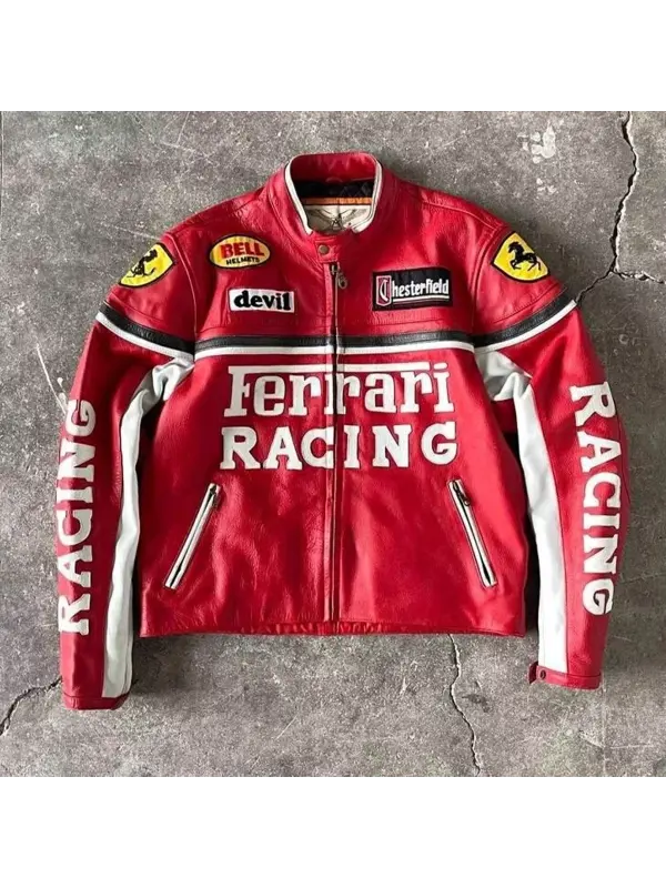Unisex 2025 Newest Retro Racing Zip Long Sleeve Red Big Logo PU Leather Jacket - Aptkoi.com 