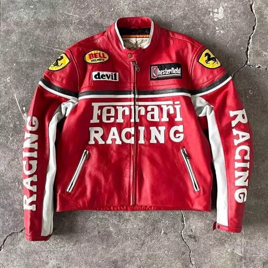 

Unisex 2025 Newest Retro Racing Zip Long Sleeve Red Big Logo PU Leather Jacket