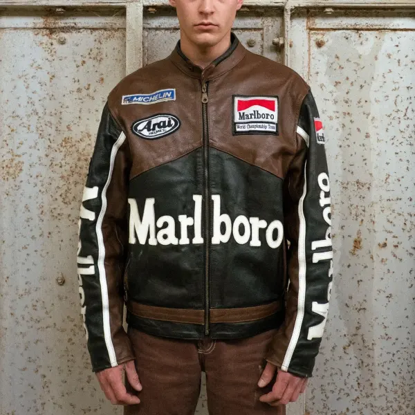 Unisex 2025 Newest Retro Racing Zip Long Sleeve Brown Big Logo PU Leather Jacket - Wayrates.com 